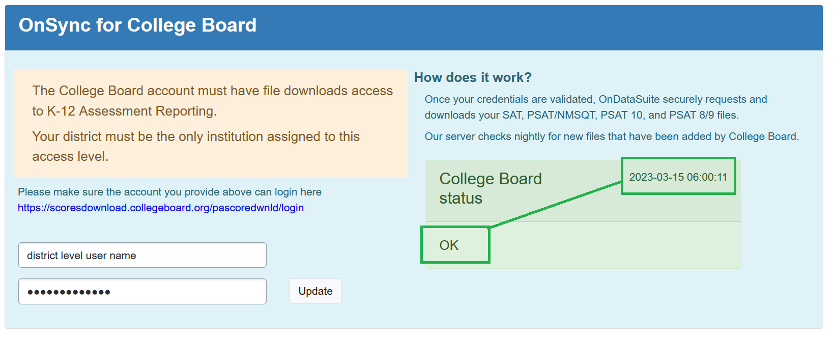 OnSync setup for College Board Files OnDataSuite Knowledgebase
