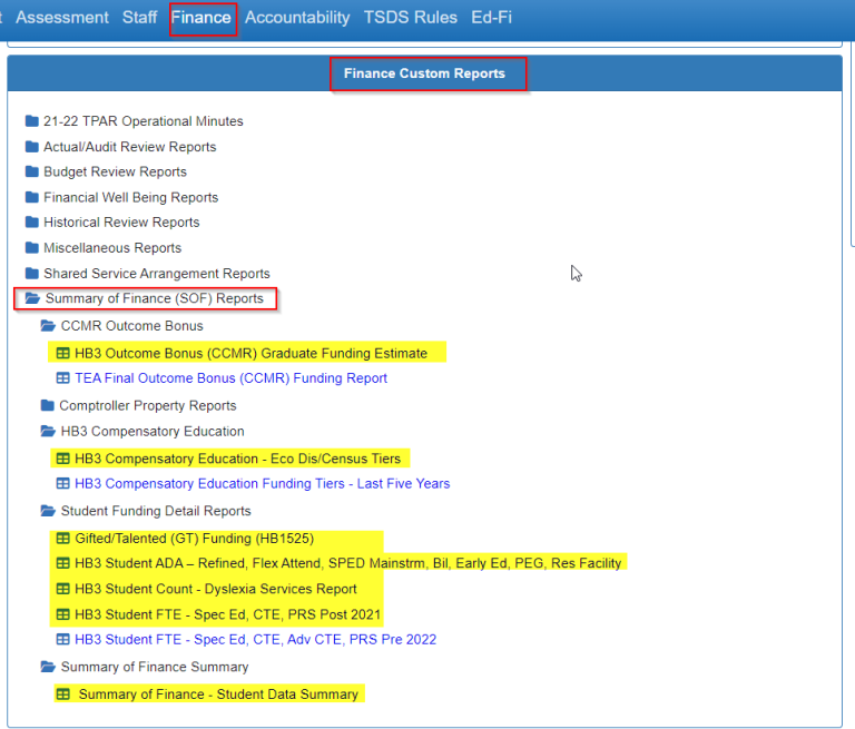 How do I Access the Summary of Finance and HB3 Funding Reports